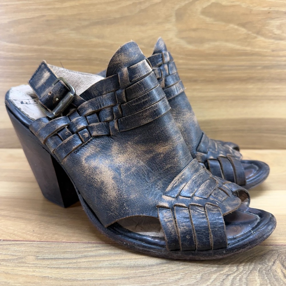 FREEBIRD FLAWED Falcon Peep Toe Slingback Heels womens 9 Brown Rustic Block Heel